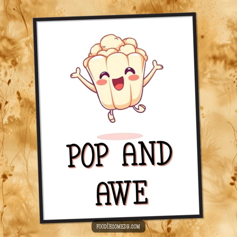 Funny poster art of an excited popcorn kernel in a playful leap, bringing energetic and snack-themed humor to walls.