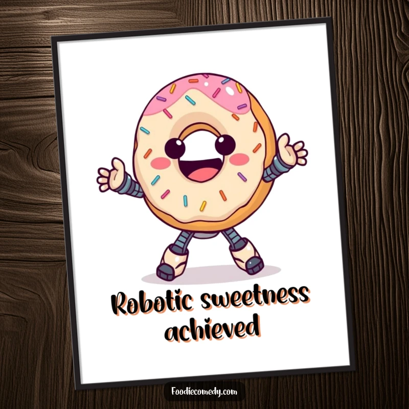Funny donut poster, happy with sprinkles, performing a groovy robot dance, bringing sweet and fun art.