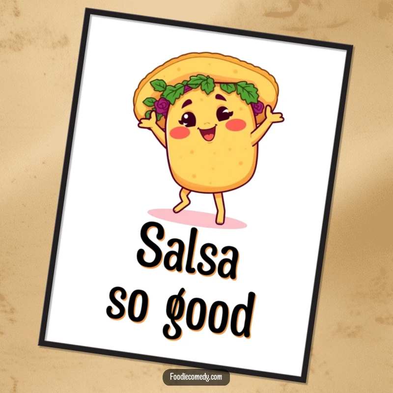 Funny taco poster, joyfully salsa dancing with a playful wink, bringing vibrant food-themed art.
