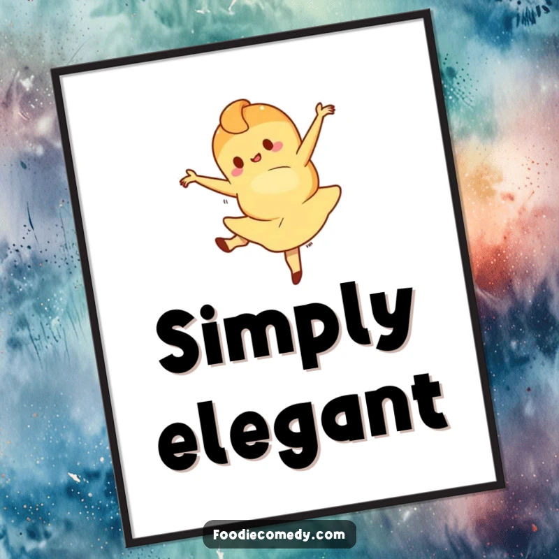 Funny poster of a croissant character mid-ballet leap, adding a touch of whimsical charm and refined humor to any room. Perfect for sophisticated decor.