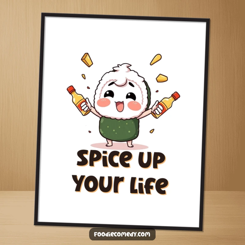 Funny sushi character enthusiastically juggling spicy mayo bottles, a poster showcasing a culinary performer with impressive juggling skills.