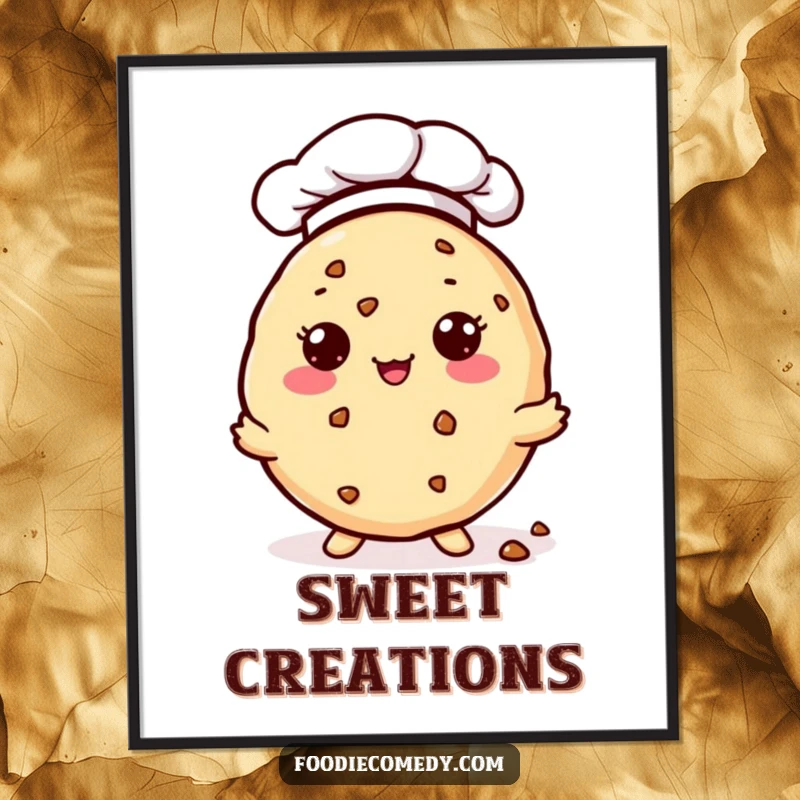 Funny Poster: A kawaii cookie in a chef hat offers tiny crumbs with a friendly gesture. Humorous wall art for baking enthusiasts.