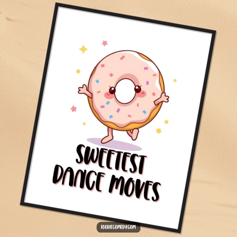 Funny poster featuring an animated donut in mid-disco step, bringing a lively and humorous atmosphere to any room.