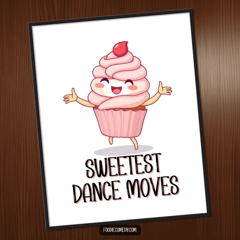 Funny poster art of a delighted cupcake joyfully performing a whimsical folk dance, adding sweet charm to spaces.