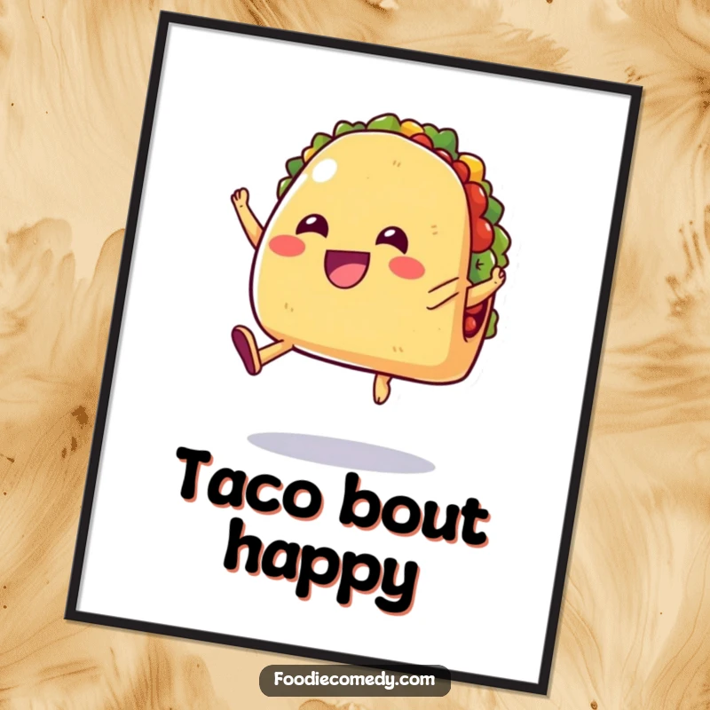 Funny poster of a cheerful taco with tiny legs jumping in the air with pure joy, embodying a celebratory fiesta spirit.