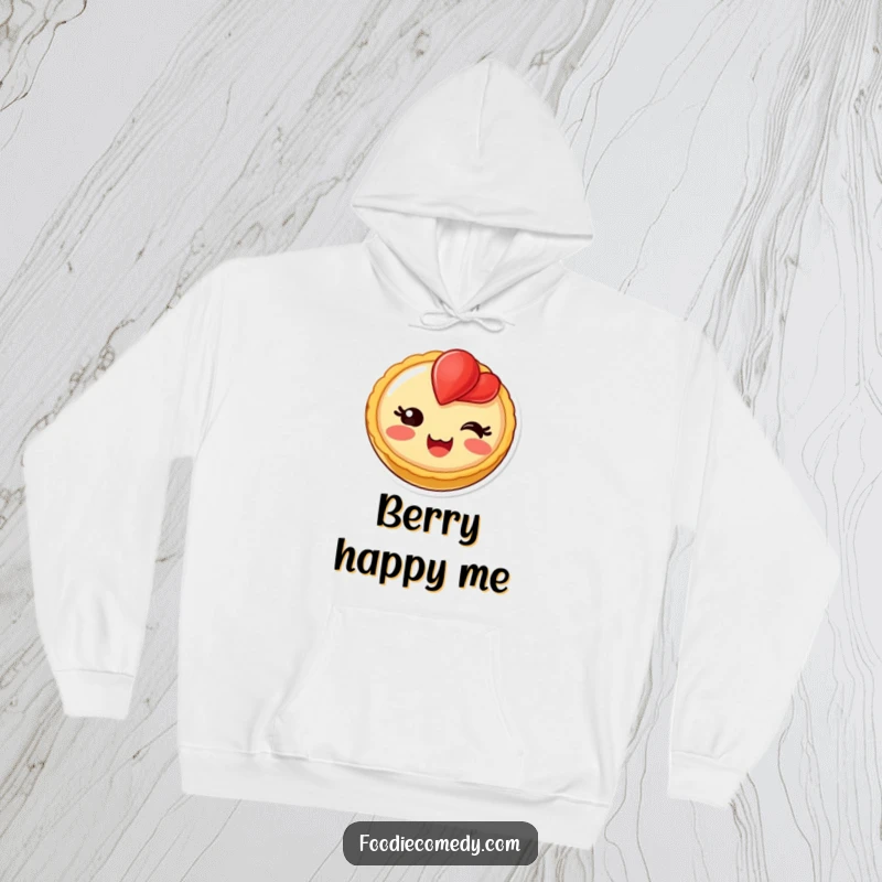 Funny blushing fruit tart hoodie, a delightful dessert character offering cozy comfort and sweet charm.
