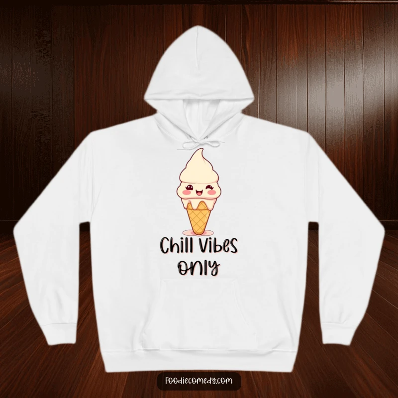 Funny ice cream cone hoodie showing a tiny happy cone melting slightly with pure joy, ideal for cozy, sweet, humorous wear.