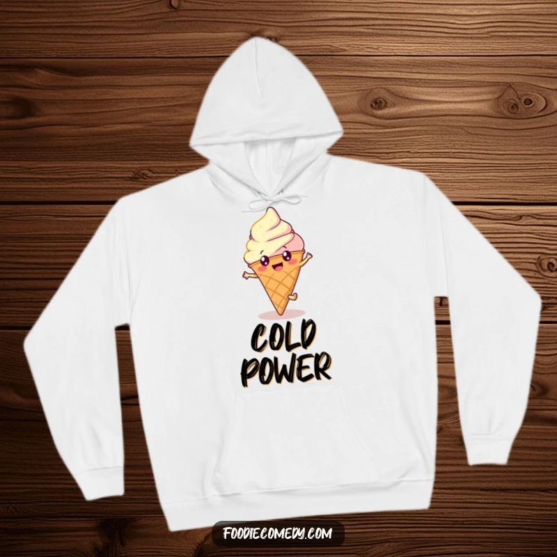 Funny ice cream hoodie featuring a happy, round cone with bright eyes doing a cartwheel, offering warmth and humorous appeal.