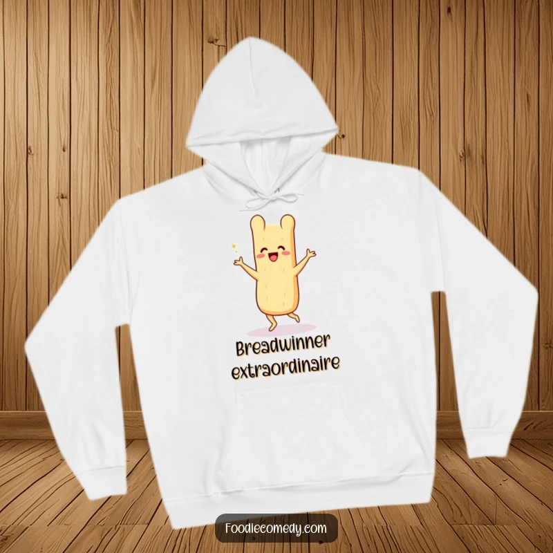Funny baguette hoodie, a beaming loaf performing a lively Charleston, providing warmth and vintage dance vibes.