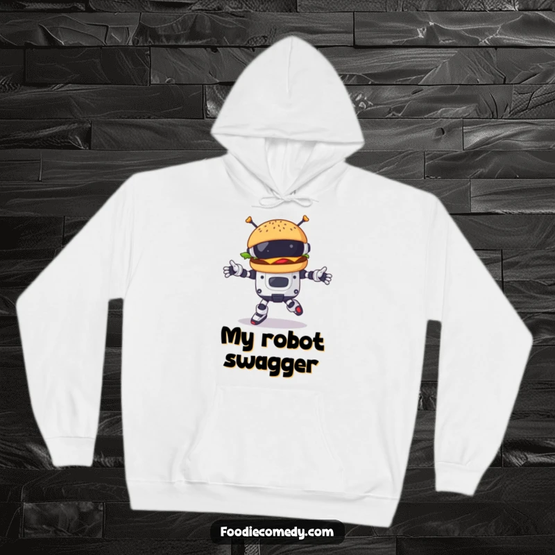 Funny burger character doing a robotic dance on a hoodie, combining warmth with futuristic and playful humor.