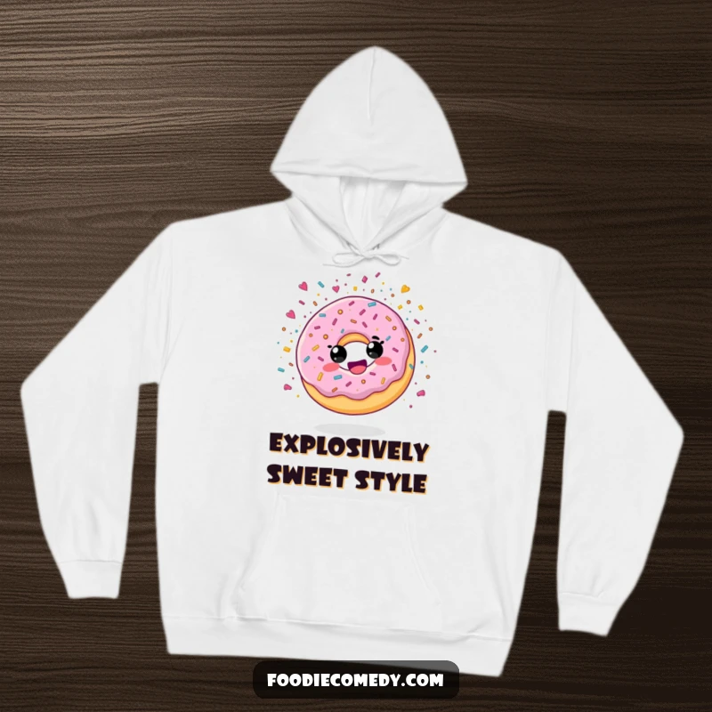 Funny hoodie featuring a delighted donut character exploding with sugary confetti, perfect for cozy celebrations.