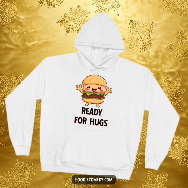 Funny happy burger hoodie, a comforting character with open arms ready for warm hugs.