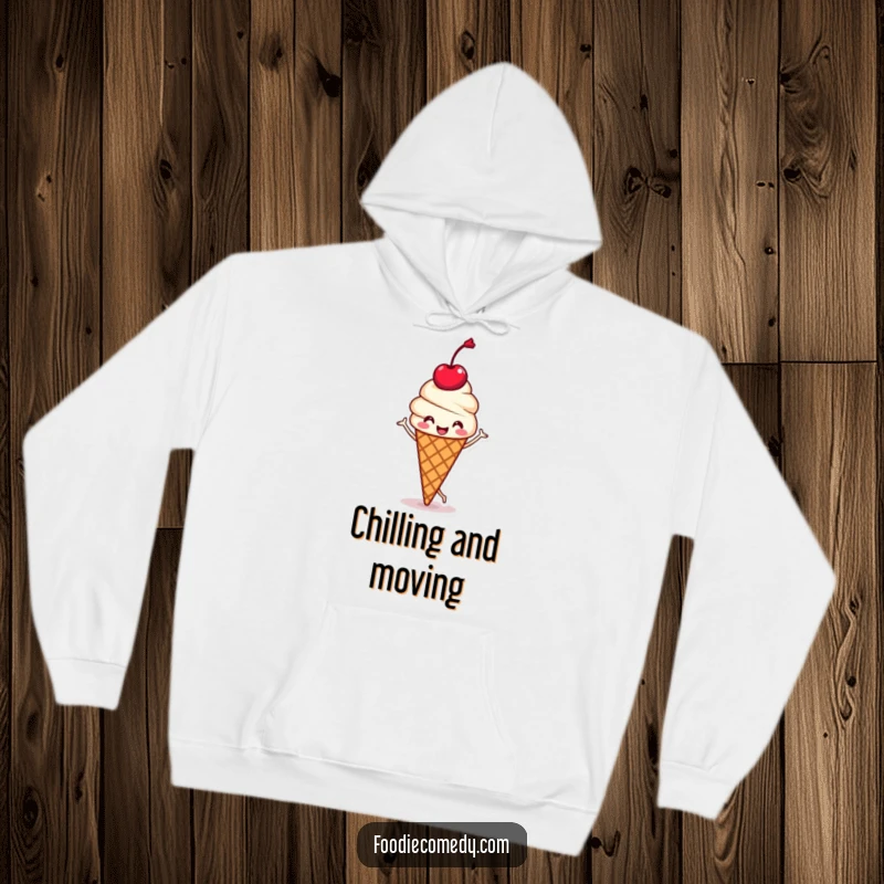 Funny hoodie with a kawaii ice cream cone and cherry head doing a happy jig, offering warmth and sweet, humorous comfort.