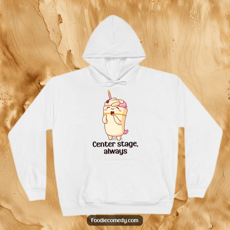 Funny hoodie featuring a cute kawaii cake character taking a theatrical opera bow, perfect for fans of drama and sweets.