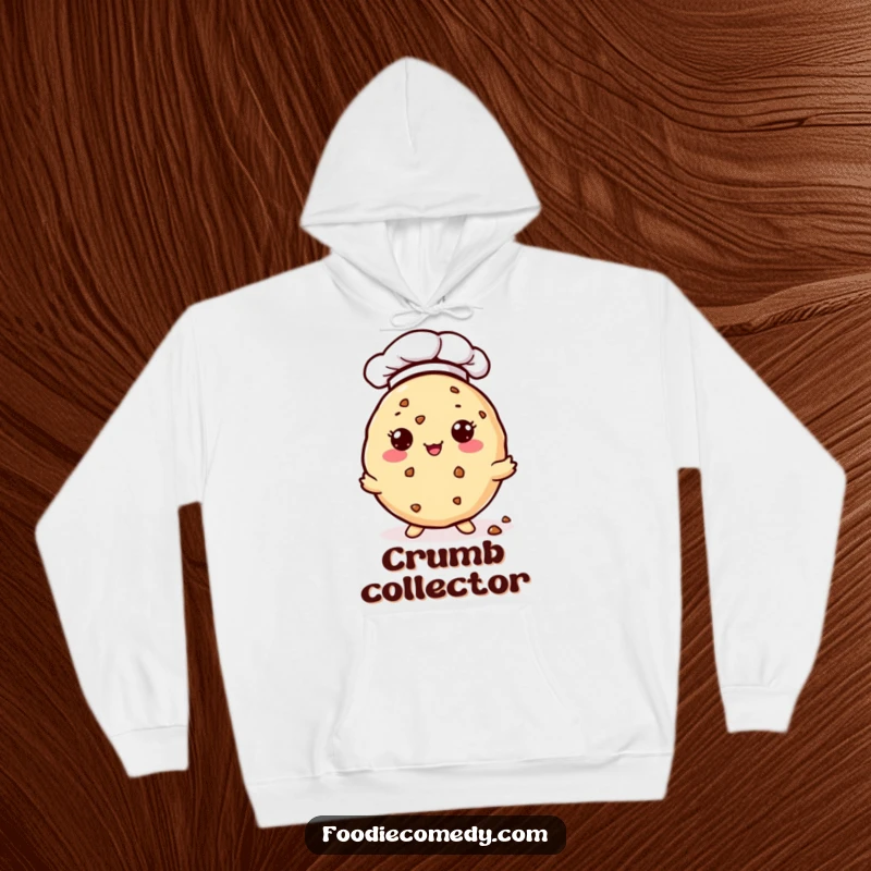 Funny Hoodie: A cute kawaii cookie in a chef hat generously shares tiny crumbs. A warm and humorous clothing item.