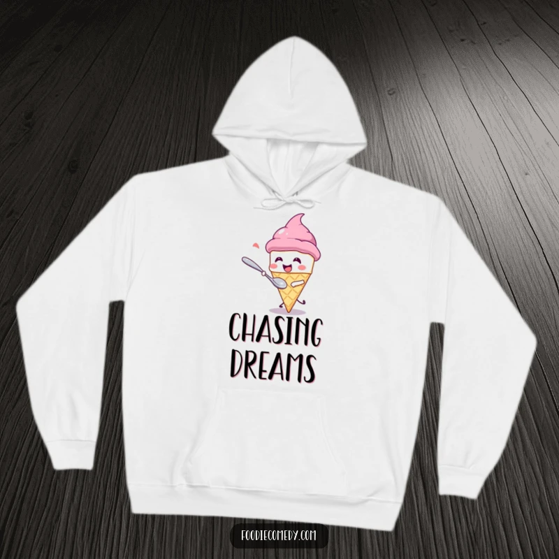 Funny Hoodie: A cute kawaii ice cream cone giggling while a spoon playfully pursues it. A warm and humorous clothing item.