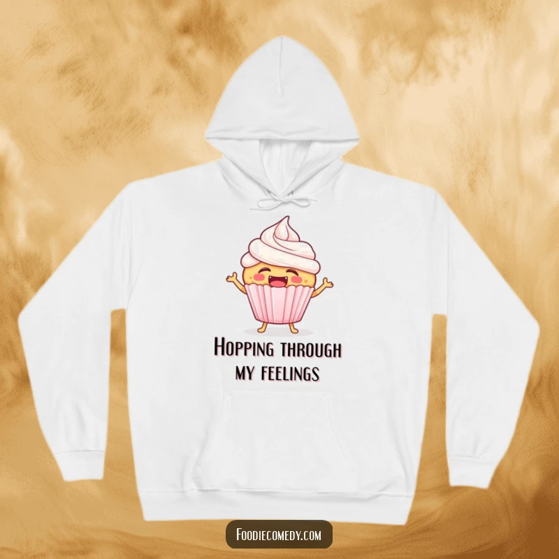 Funny laughing cupcake hoodie design shows a happy, giggling cupcake with frosting doing a joyful hop to a beat.