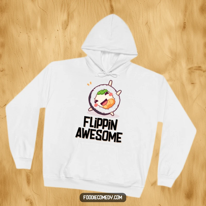 Funny Sushi Hoodie representing a roll doing a playful somersault, perfect for staying warm and stylish.