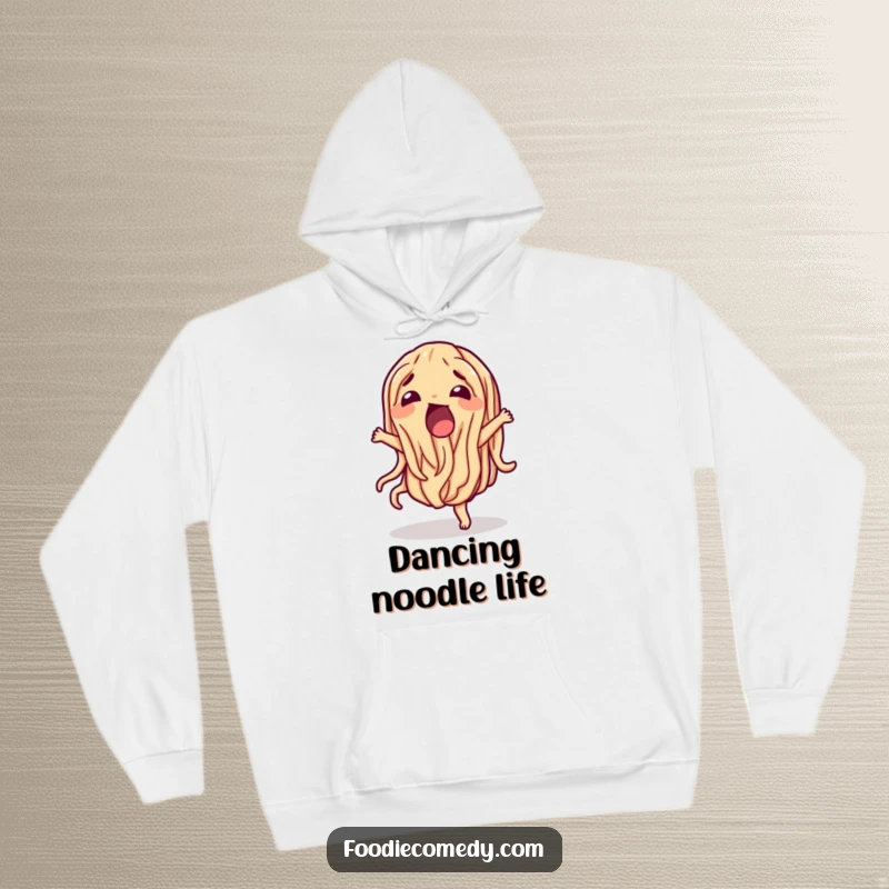 Funny wiggling noodle hoodie, a dancing pasta character offering cozy comfort and playful style.