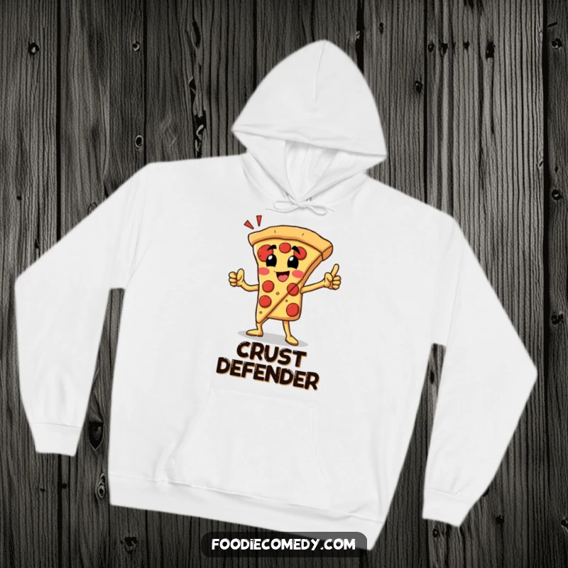 Funny pizza slice hoodie featuring a proud character in a heroic pose, perfect for cozy comfort and pizza lovers.