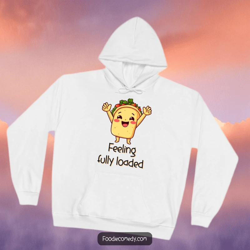 A festive taco, arms outstretched, dramatically spewing spicy salsa, printed on a warm and humorous hoodie.