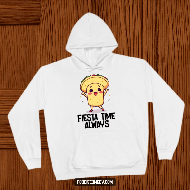 Funny kawaii taco hoodie, soft fleece with an excited taco doing a flamboyant salsa dance, humorous loungewear, cute food theme, perfect funny gift.