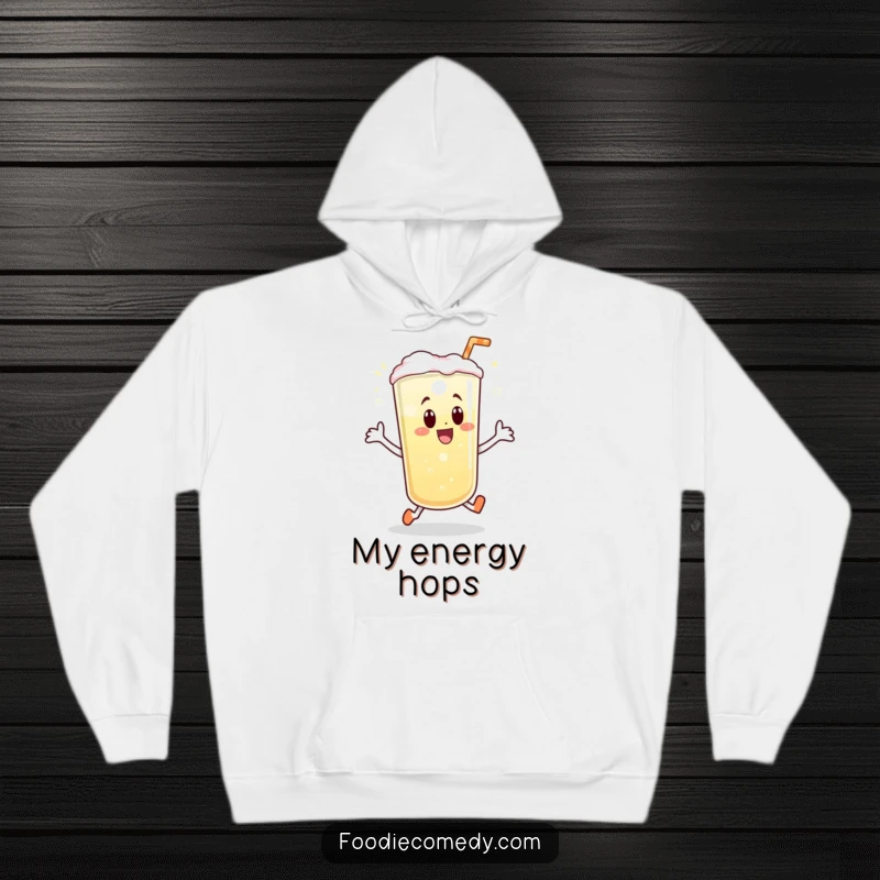 Funny and cozy hoodie featuring a bubbly drink doing a joyful hop, offering warmth and a dose of effervescent humor.