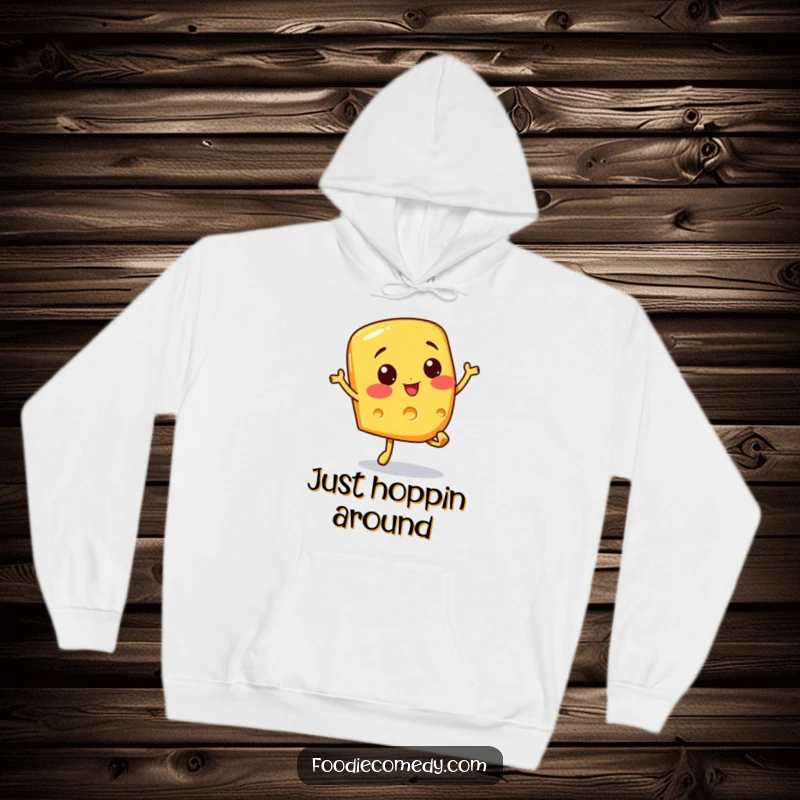 Funny hoodie graphic of a smiling cheese slice character doing a happy, bouncy hop. Cozy and full of cheerful energy.