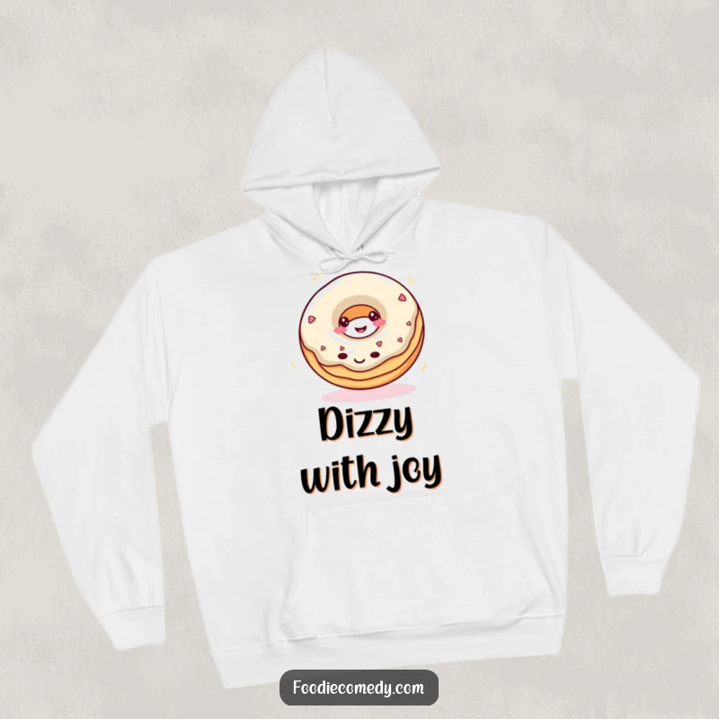 Funny donut hoodie with a smiling donut spinning rapidly, offering warmth and playful style.