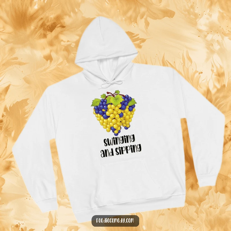Funny hoodie design of a bunch of grapes in synchronized sway, exuding a fun-loving and coordinated vibe.