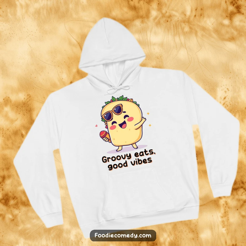 Funny hoodie showing a groovy taco dancing and shaking colorful tiny maracas.