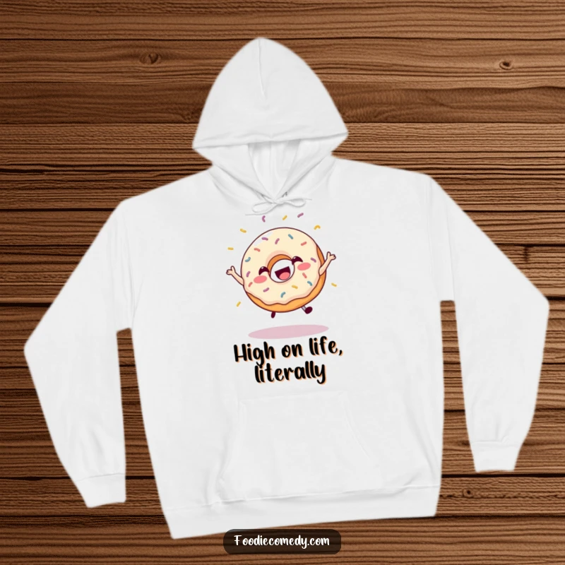 Funny hoodie featuring a happy, leaping donut with a cloud of sprinkles, perfect for cozy fun.