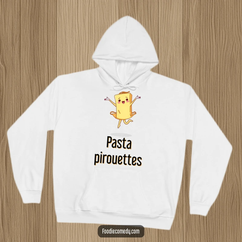 Funny pasta hoodie showing a determined piece of pasta mid-ballet leap, offering warmth and artistic inspiration.