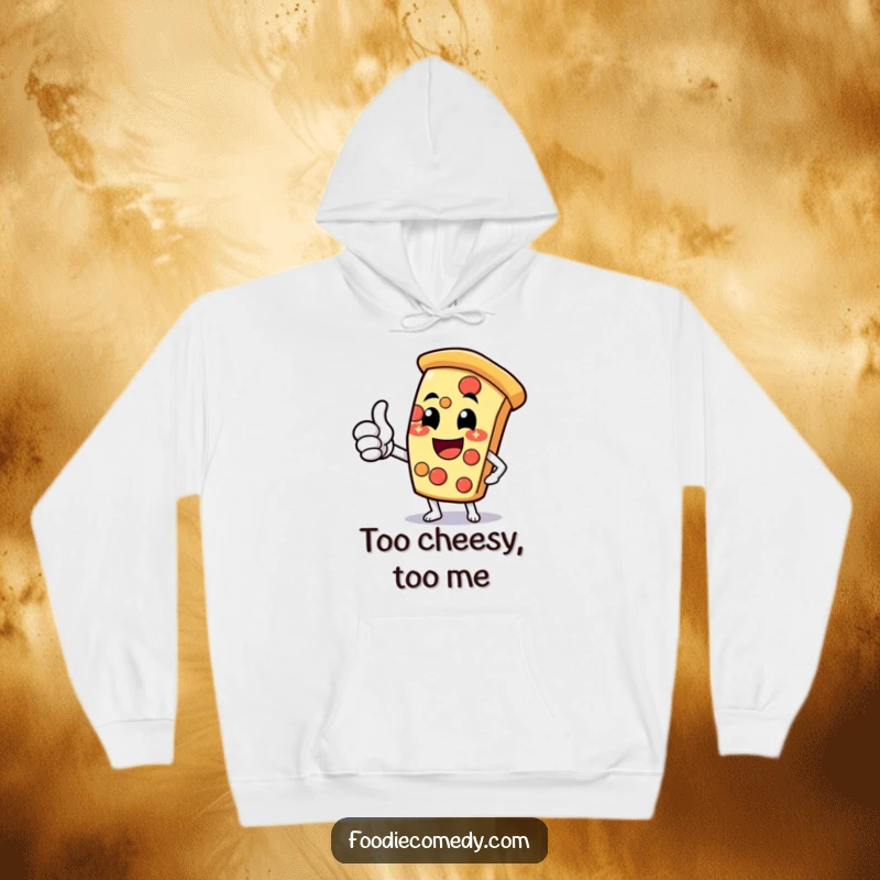Funny pizza slice hoodie featuring a happy character with a cheesy grin and thumbs-up, offering warmth and humor.