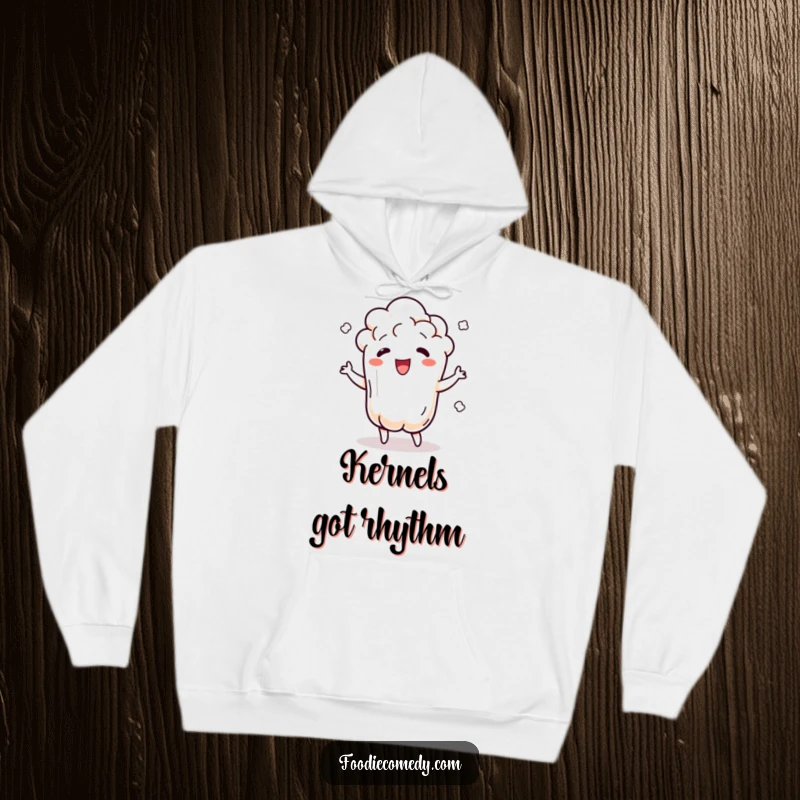 Funny popcorn hoodie featuring a dancing popcorn kernel popping and jiggling with rhythm, perfect for cozy humor.