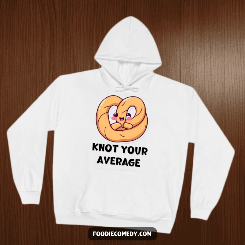 Funny hoodie with a happy pretzel twisting its body into a fun shape, offering cozy and humorous flexibility.