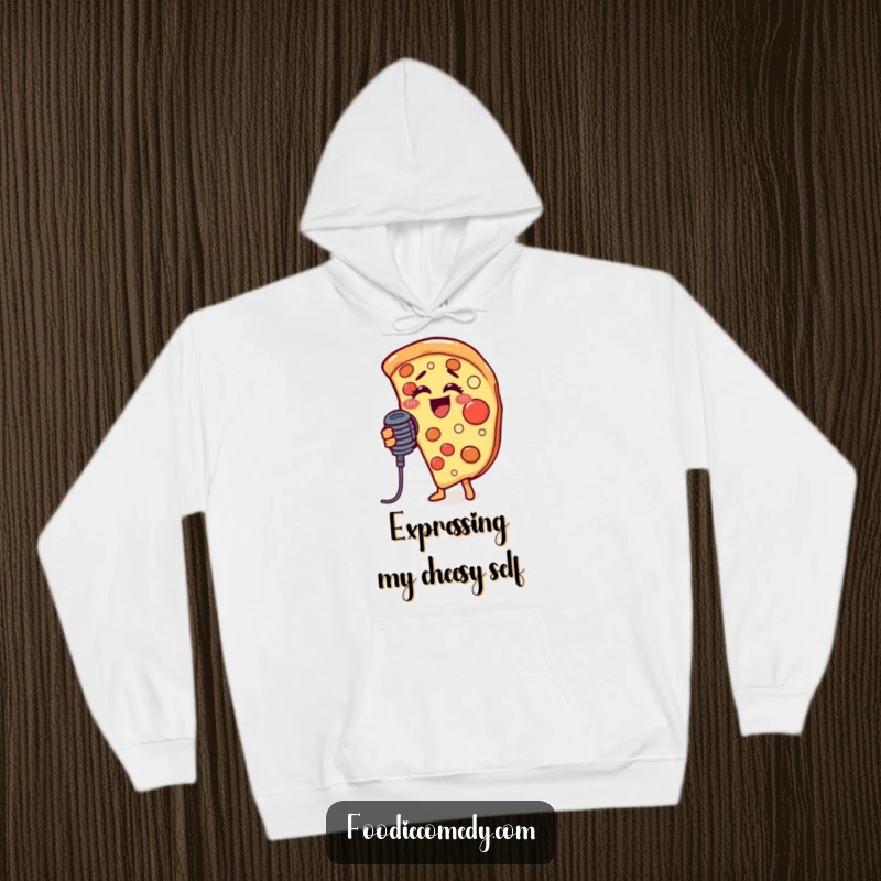 Funny hoodie design of a pizza slice enthusiastically singing with a microphone, embodying a fun-loving and musical personality.