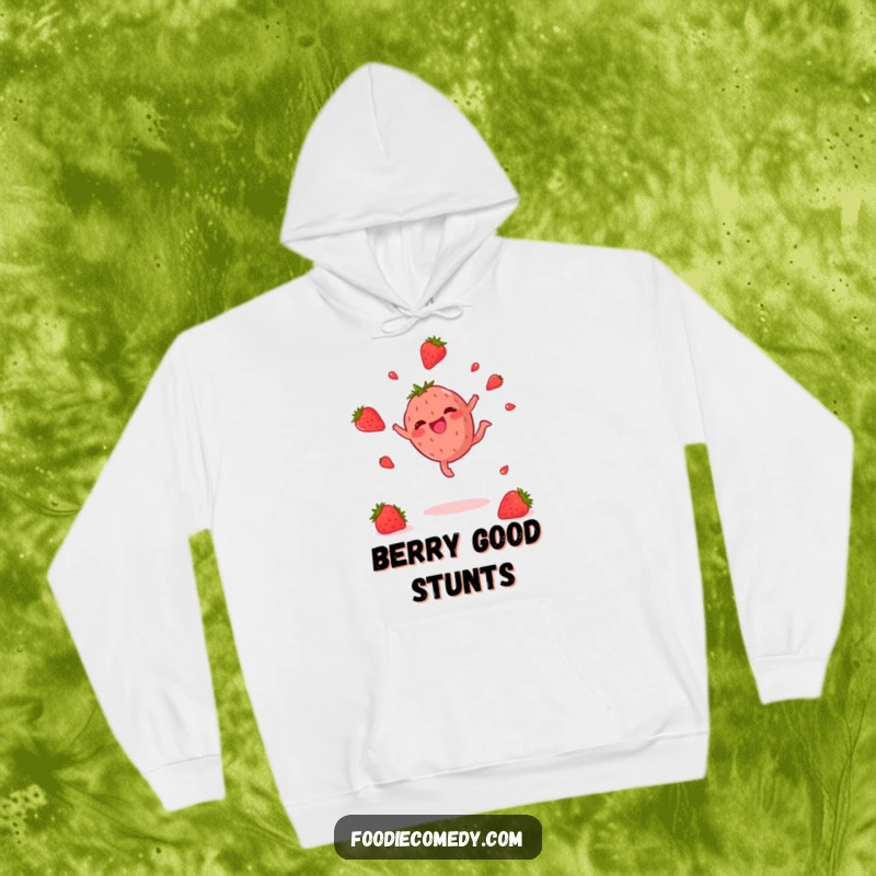 Funny Strawberry Hoodie: A joyful strawberry performing a cartwheel with seeds scattered mid-air, capturing a moment of uninhibited fun.