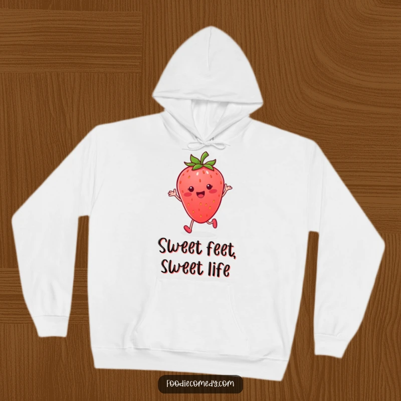 Funny strawberry hoodie, smiling and performing a rhythmic tap dance, radiating warmth and fruity fun.