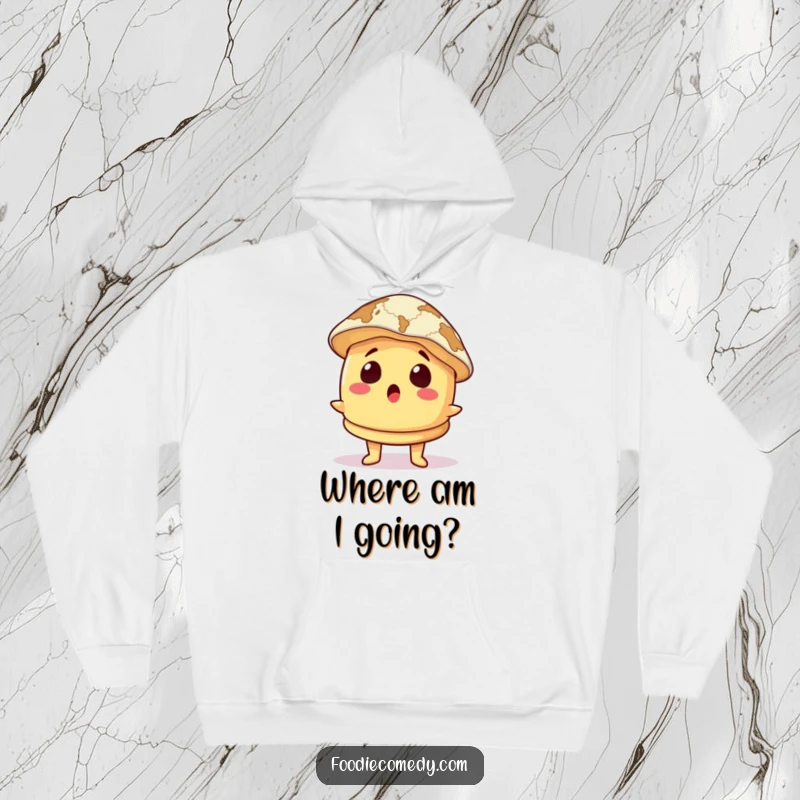 Funny Hoodie: A pancake character looks surprised wearing a map for a hat, offering cozy warmth and a hint of adventure.