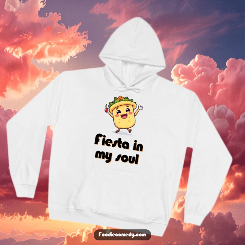 Funny Hoodie: A taco character energetically jigs with a chili pepper, offering warmth and a burst of celebratory fun.