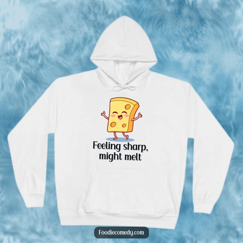 Funny hoodie with a winking cheese slice performing a dramatic tango, emphasizing its smooth moves and playful character.