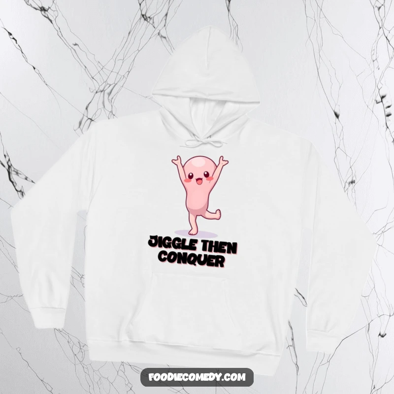 Funny Hoodie: A wobbly jelly character in a determined handstand poses a comical, jiggly challenge, offering warmth and laughter.
