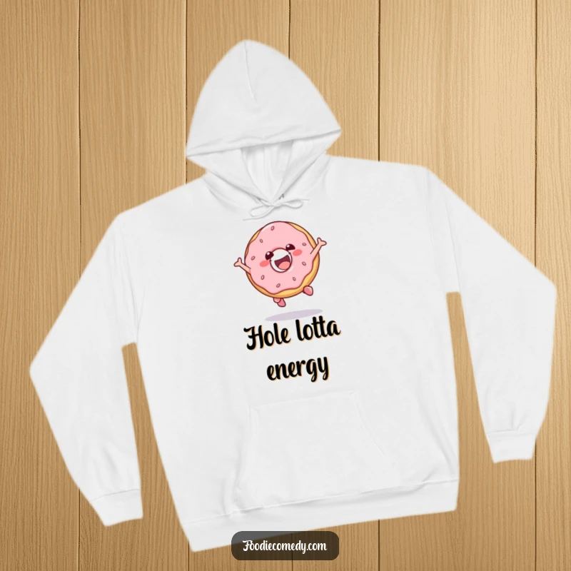 Funny hoodie depicting a gleeful donut character in a mid-air jump, perfect for staying warm and cheerful.