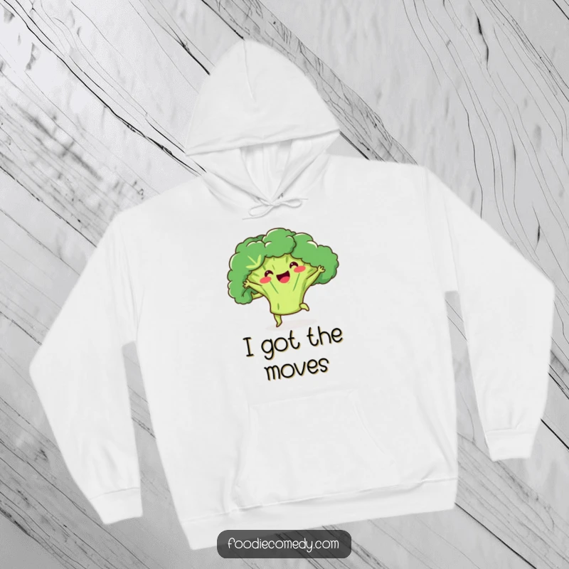 Funny broccoli hoodie with a happy broccoli doing a kick-ball-change, offering cozy and playful wear.