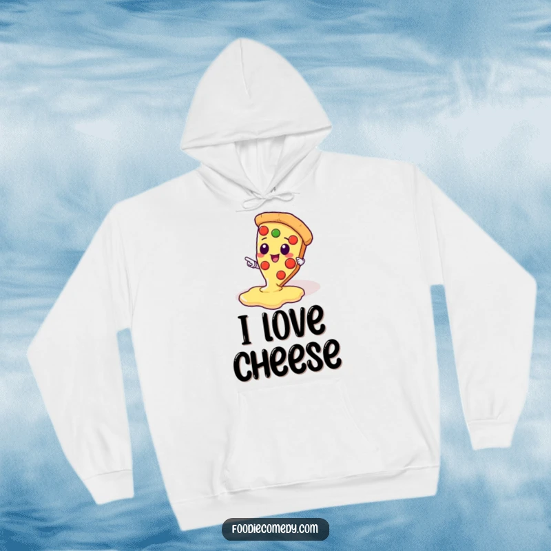 Funny hoodie featuring a kawaii pizza slice character pointing gleefully at a glistening pool of cheese, embodying pizza perfection.
