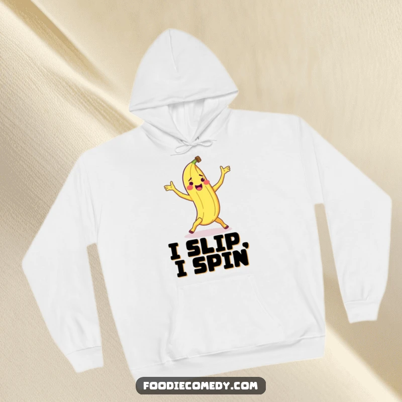 Funny banana peel hoodie with a peel doing a clumsy breakdance move, offering cozy and humorous wear.