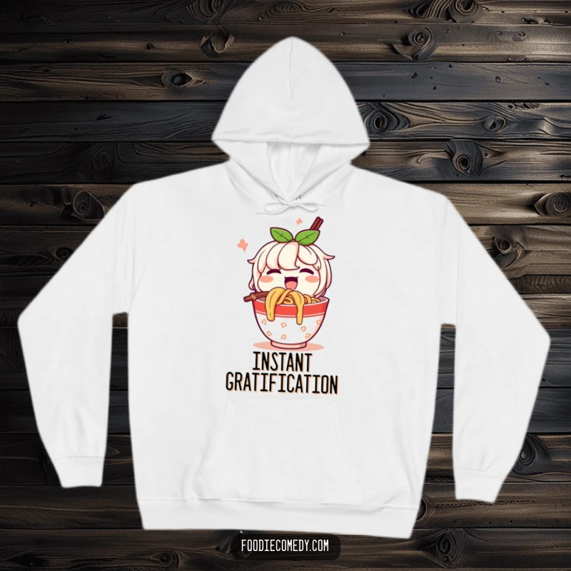 Funny Hoodie: A happy cup of noodles character slurps noodles with gusto, offering warmth and a comforting, delicious design.