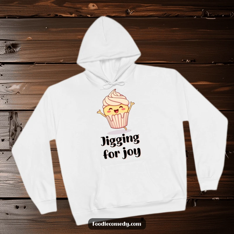 Funny Cupcake Hoodie: A cheerful cupcake with dripping frosting performing a joyful jig, offering cozy sweetness and humor.