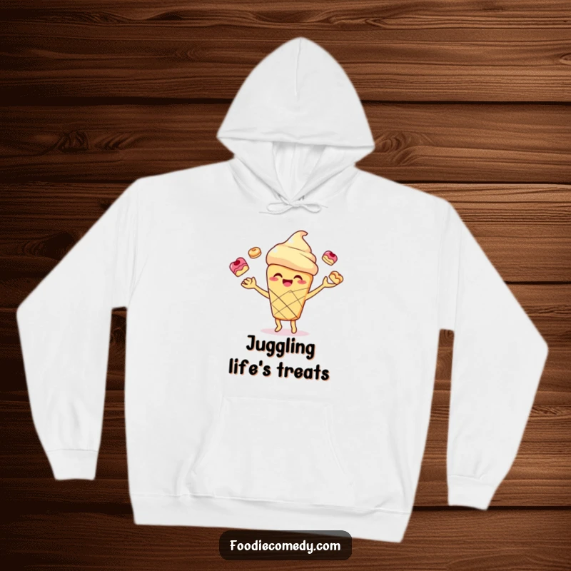 Funny smiling scone character joyfully juggling small pastries on a warm hoodie, perfect for cozy kitchen sessions.